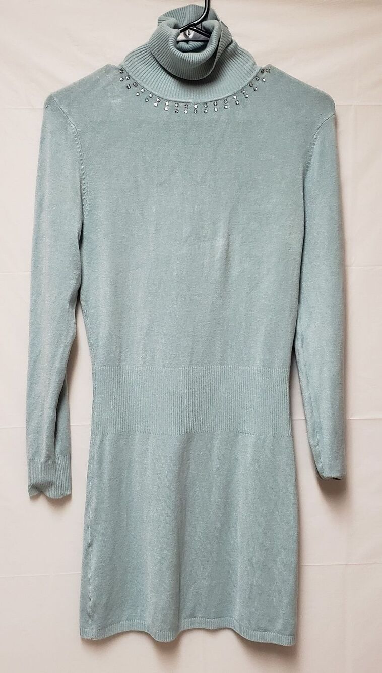 LouLou Women's Embellished Stud Turtle Neck Knit Sweater Dress Sky Blue Sz M POE